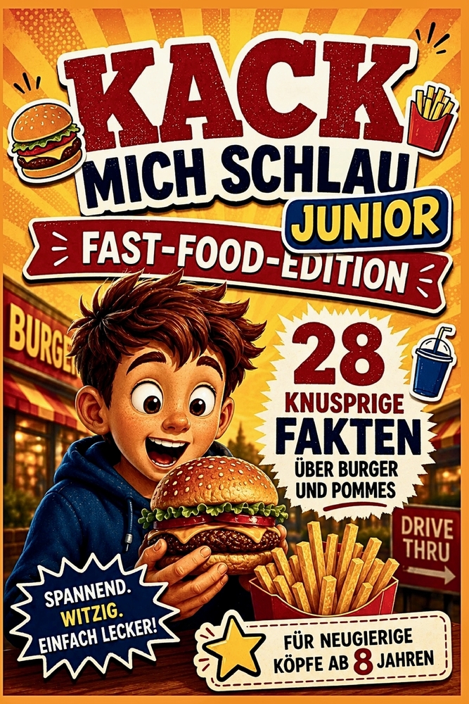 Kack mich schlau Junior - Fast-Food-Edition: 28 verrückte Fakten über Burger & Pommes - Das lustige Wissens- und Faktenbuch für neugierige Kinder ab 8 cover