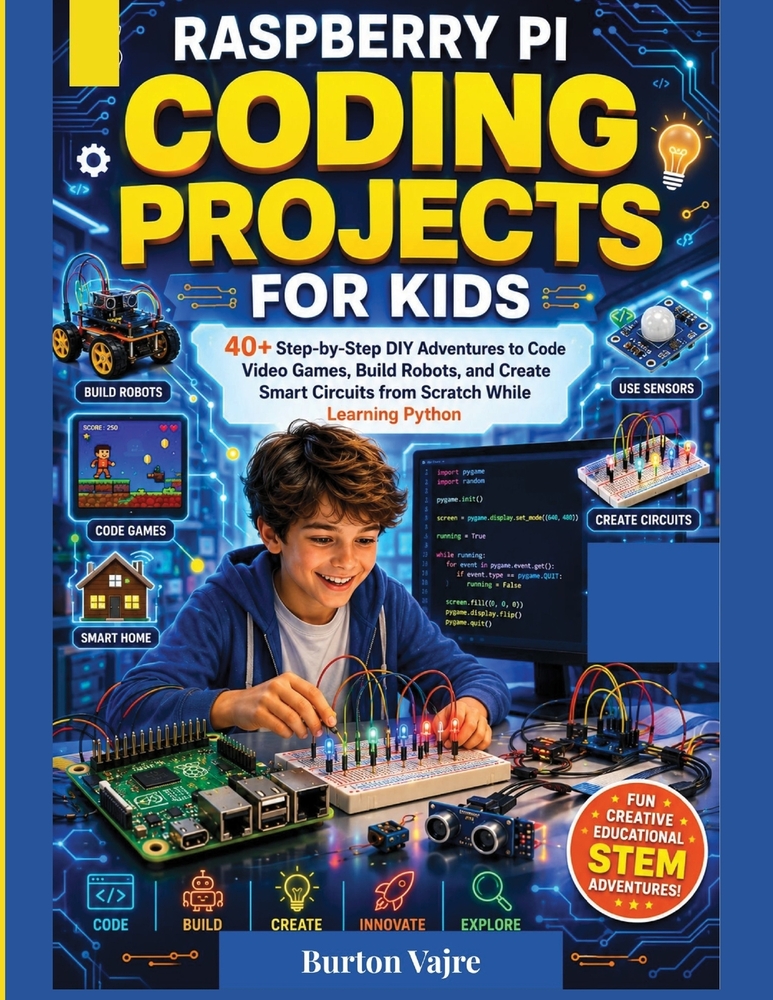 Raspberry Pi Coding Projects for Kids: 40+ Step-by-Step DIY Adventures to Code Video Games, Build Robots, and Create Smart Circuits from Scratch While cover