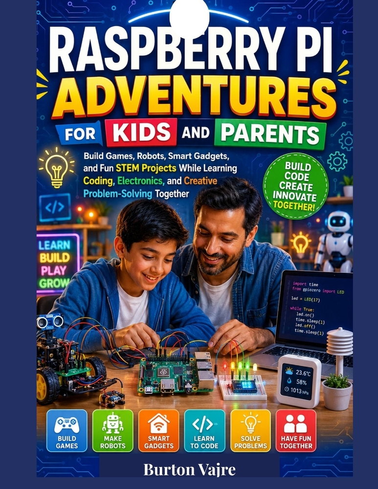 Raspberry Pi Adventures for Kids and Parents: Build Games, Robots, Smart Gadgets, and Fun STEM Projects While Learning Coding, Electronics, and Creati cover