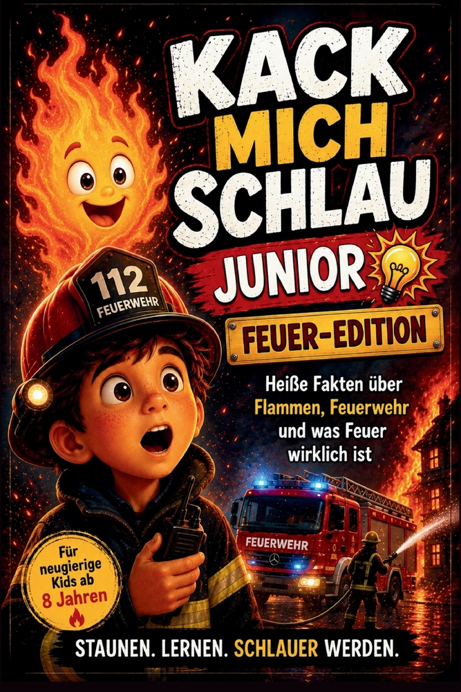 Kack mich schlau Junior - Feuer-Edition: 28 spannende Fakten über Feuer, Flammen und Feuerwehr - das Wissensbuch für neugierige Kinder ab 8 Jahren cover