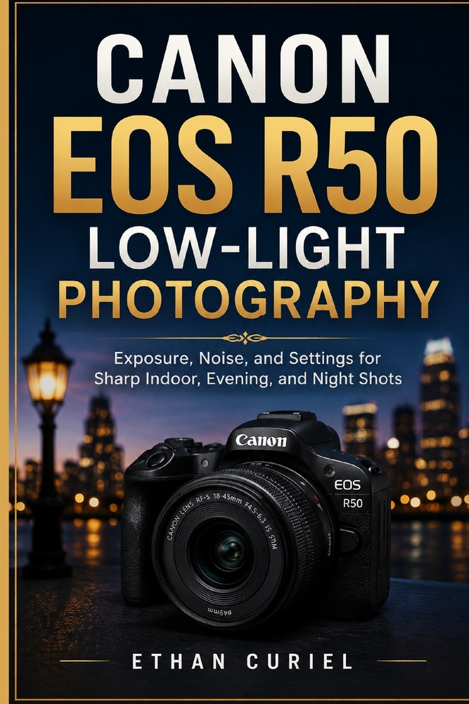 Canon EOS R50 Low-Light Photography: Exposure, Noise, and Settings for Sharp Indoor, Evening, and Night Shots cover