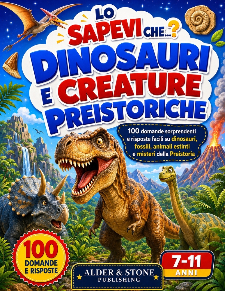 Lo Sapevi Che...? Dinosauri e Creature Preistoriche: 100 domande sorprendenti e risposte facili su dinosauri, fossili, animali estinti e misteri della cover