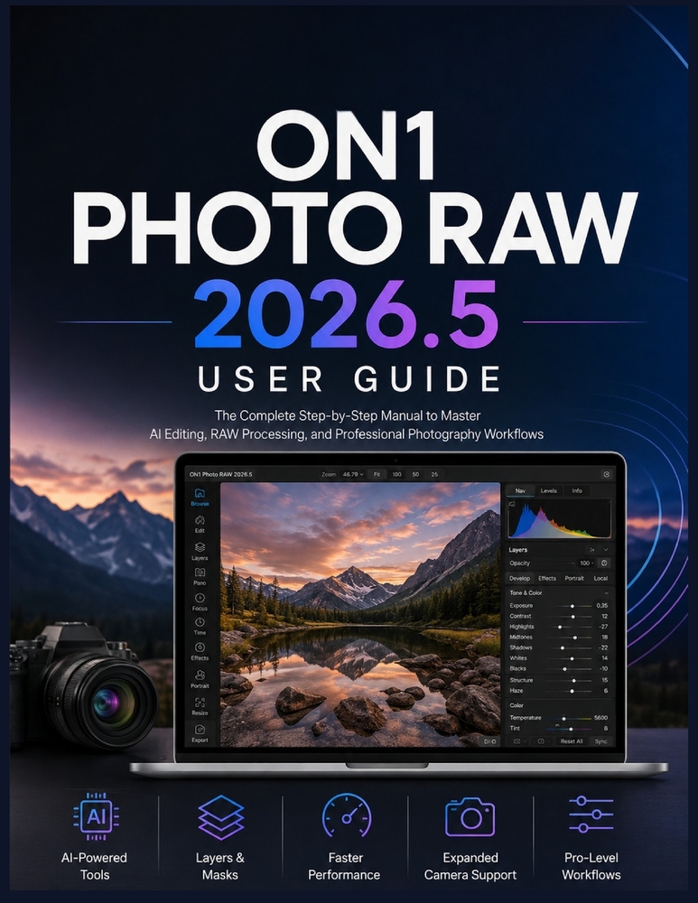 On1 Photo Raw 2026.5 User Guide: The Complete Beginner-to-Advanced Handbook to AI Photo Editing, RAW Processing, and Professional Photography Workflow cover
