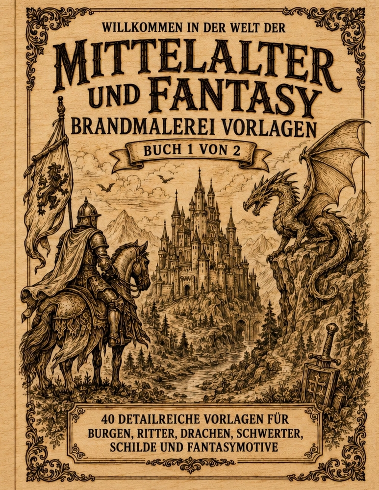 Brandmalerei Vorlagen Mittelalter und Fantasy: Vorlagebuch 1 von 2 Mittelalterliche Motive zum Abpausen, Übertragen und Brandmalen auf Holz Pyrographi cover