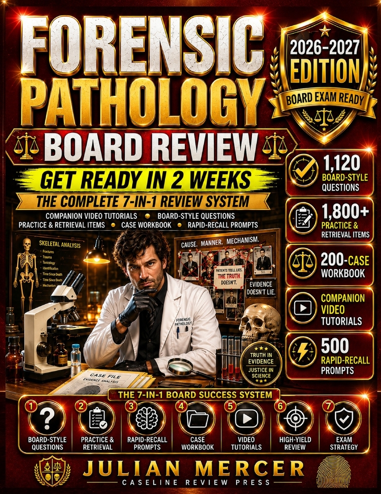 Forensic Pathology Board Review 2026-2027: The 7-IN-1 System: Get Ready in 2 Weeks with 1,120 Board-Style Questions, 7 Timed Simulations, 200 Case Dri cover