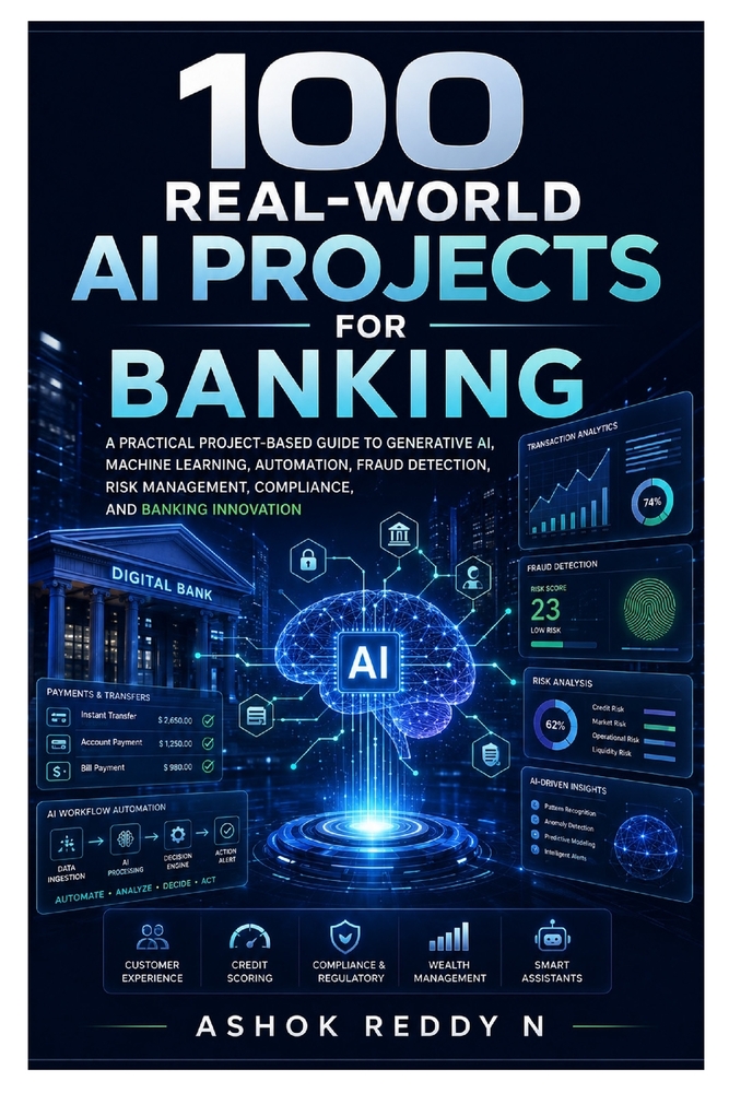100 Real-World AI Projects for Banking: A Practical Project-Based Guide to Generative AI, Machine Learning, Automation, Fraud Detection, Risk Manageme cover
