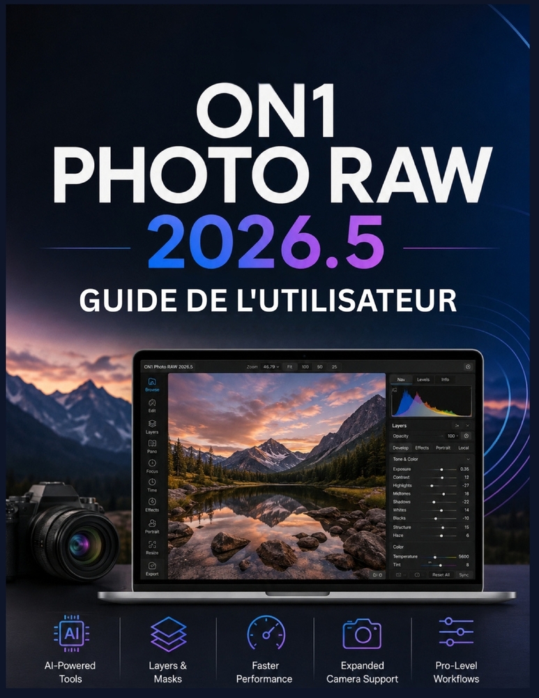 On1 Photo Raw 2026.5 Guide de l'Utilisateur: Le manuel complet, du débutant à l'expert, sur la retouche photo par IA, le traitement RAW et les flux de cover