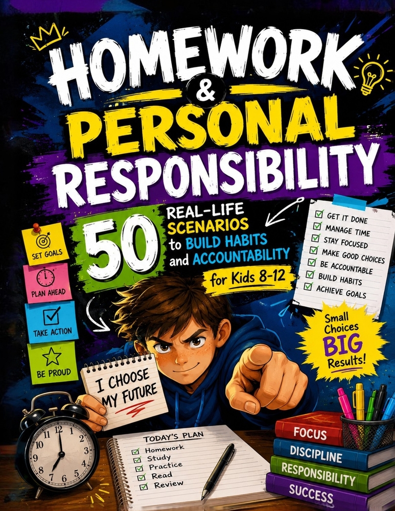 Homework & Personal Responsibility: 50 Real-Life Scenarios to Build Habits and Accountability for Kids 8-12 cover