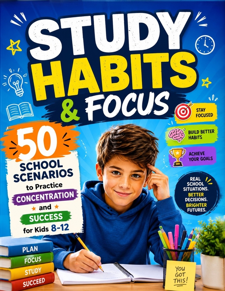 Study Habits & Focus: 50 School Scenarios to Practice Concentration and Success for Kids 8-12 cover