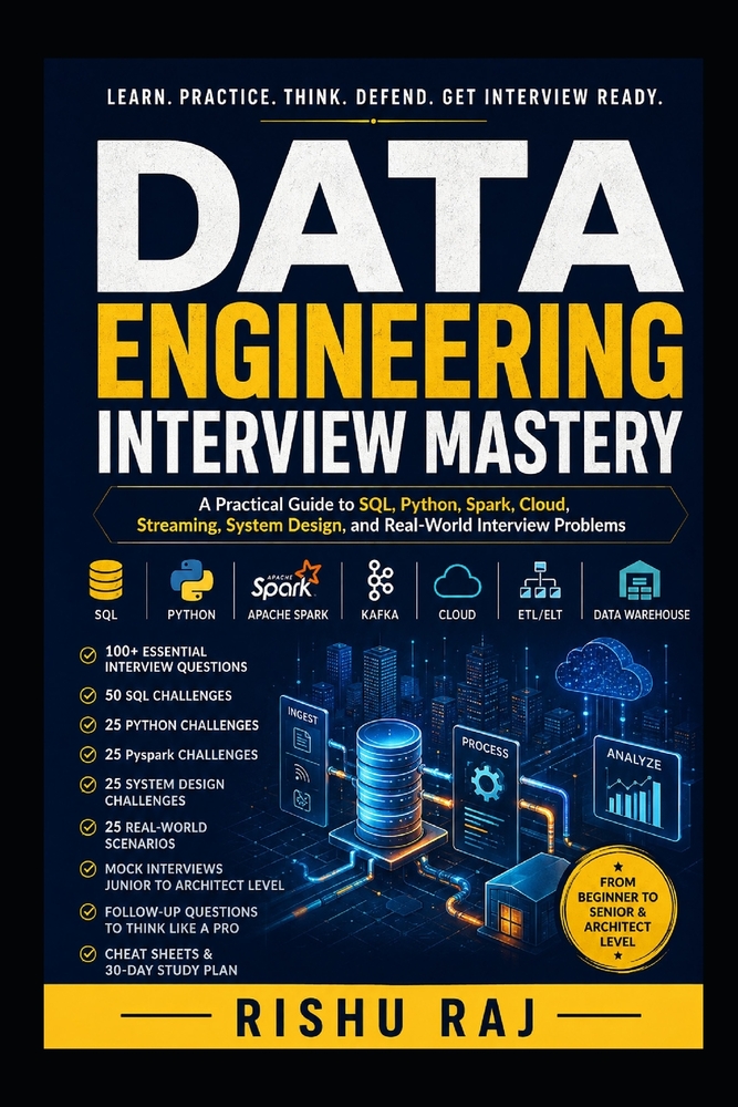 Data Engineering Interview Mastery: A Practical Guide to SQL, Python, Spark, Cloud, Streaming, System Design, and Real-World Interview Problems cover