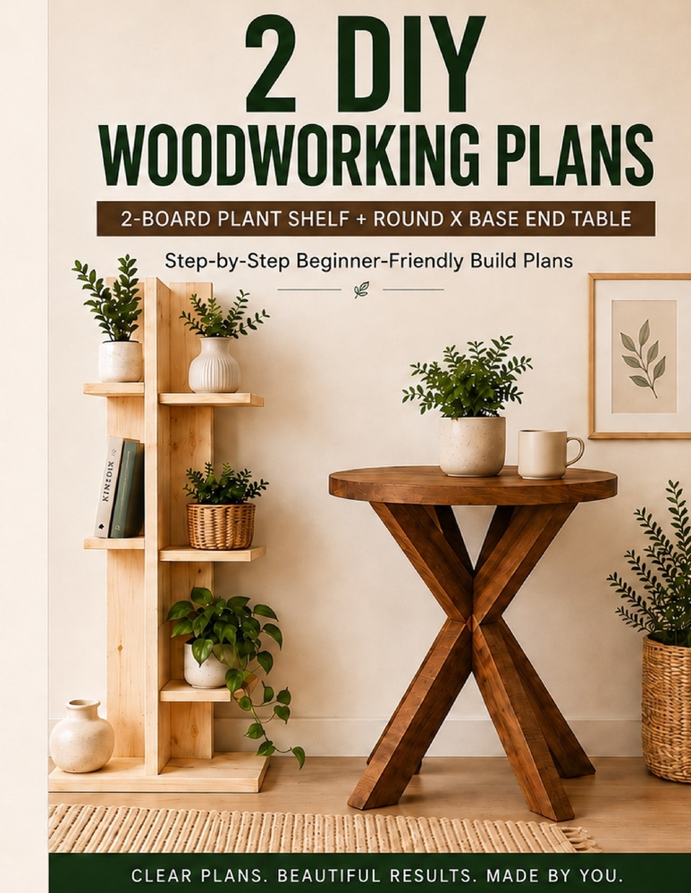 2 DIY Woodworking Plans: 2-Board Plant Shelf & Round X Base End Table: Step-by-Step Beginner-Friendly Building Plans cover