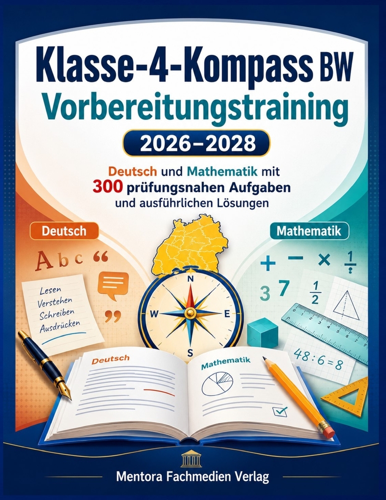 Klasse-4-Kompass BW Vorbereitungstraining 2026-2028: Deutsch und Mathematik mit 300 prüfungsnahen Aufgaben und ausführlichen Lösungen cover