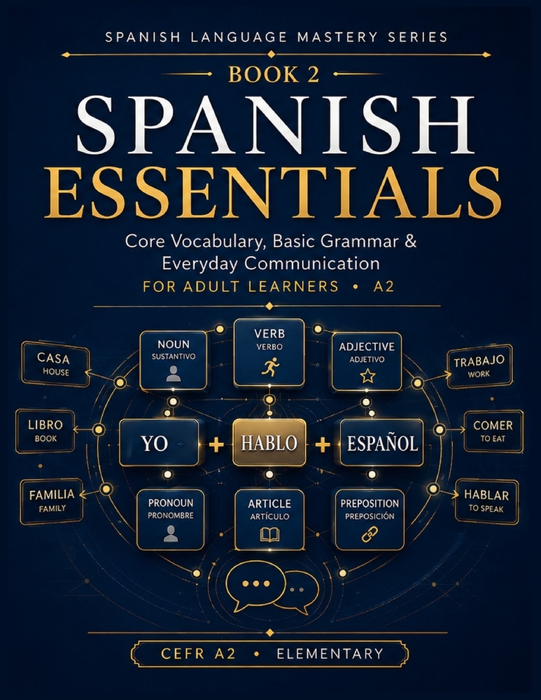 Spanish Essentials: Core Vocabulary, Basic Grammar & Everyday Communication for Adult Learners - A2 cover