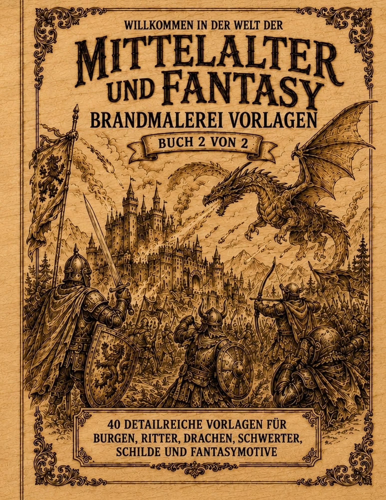 Mittelalter und Fantasy, Brandmalerei Vorlagen: Vorlagebuch 2 von 2 Mittelalterliche Motive zum Abpausen, Übertragen und Brandmalen auf Holz Pyrograph cover