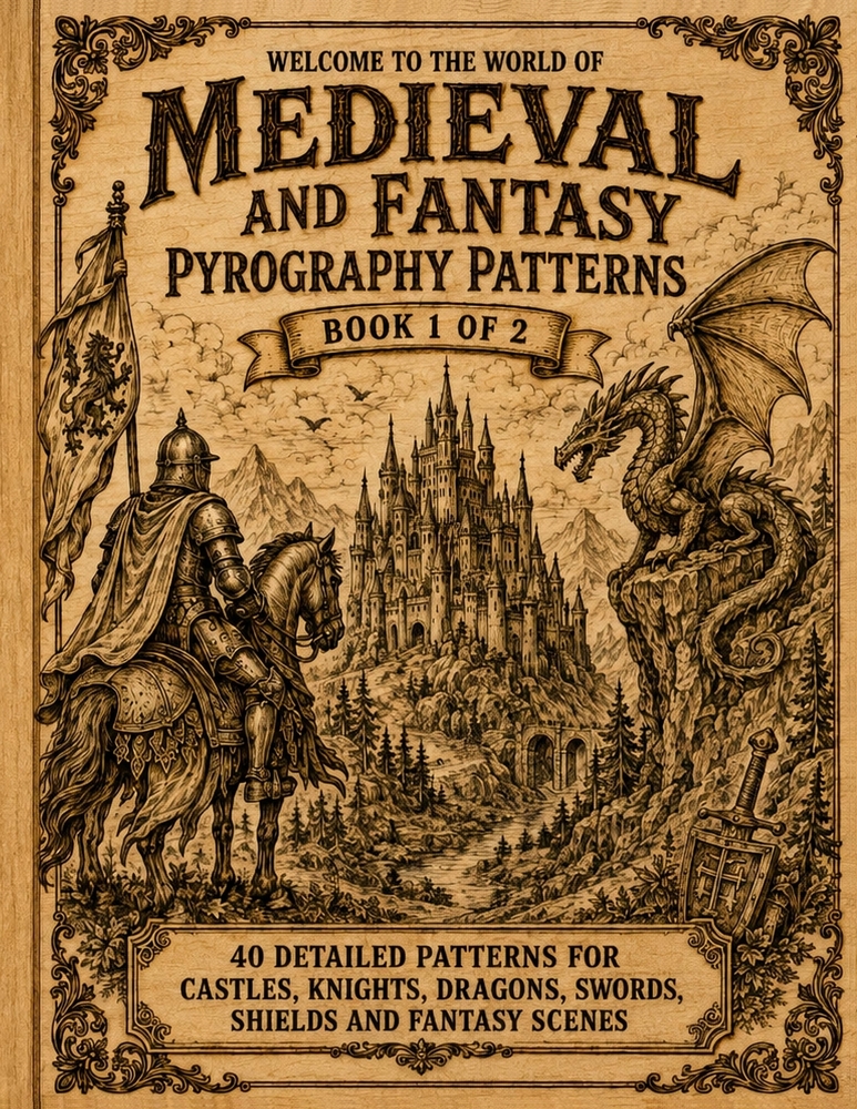 Pyrography Patterns, Medieval & Fantasy: Book 1 of 2 Patterns for Tracing, Transferring and Wood Burning Castles, Knights, Dragons, Swords, Shields an cover