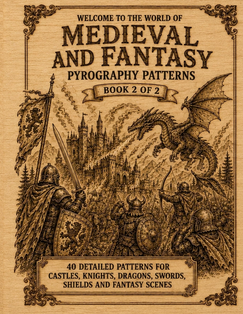 Medieval & Fantasy, Pyrography Patterns: Book 2 of 2 Patterns for Tracing, Transferring and Wood Burning Knights, Battles, Castles, Dragons, Roman War cover