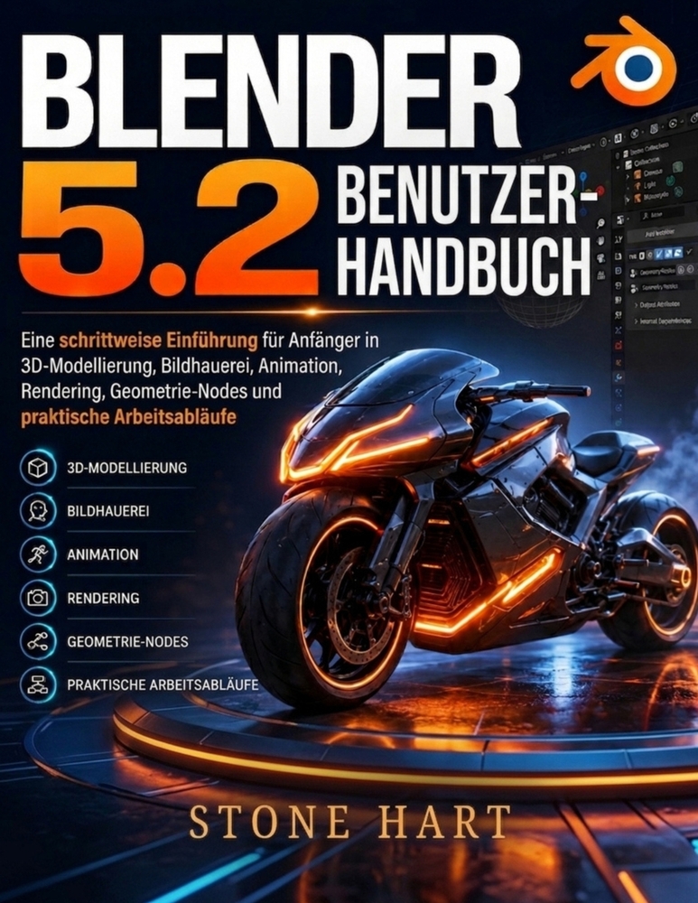 Blender 5.2 Benutzerhandbuch: Eine schrittweise Einführung für Anfänger in 3D-Modellierung, Bildhauerei, Animation, Rendering, Geometrie-Nodes und pra cover