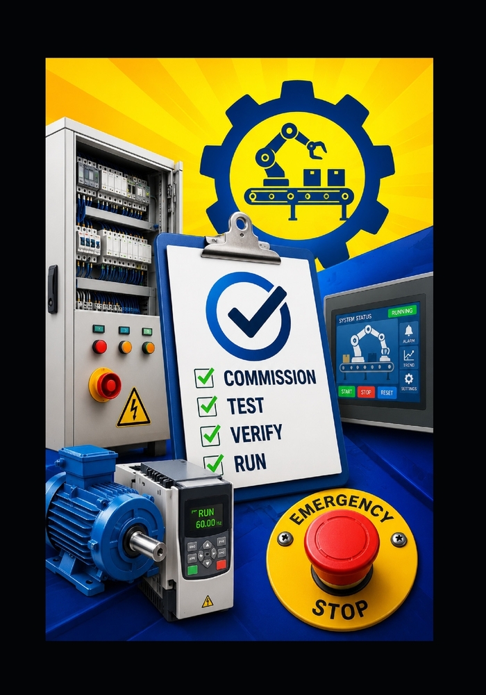 Machine Commissioning for Maintenance & Automation Technicians: A Practical Guide to Safe Startup, PLC I/O, Drives, Networks, Safety Systems, Sequence cover