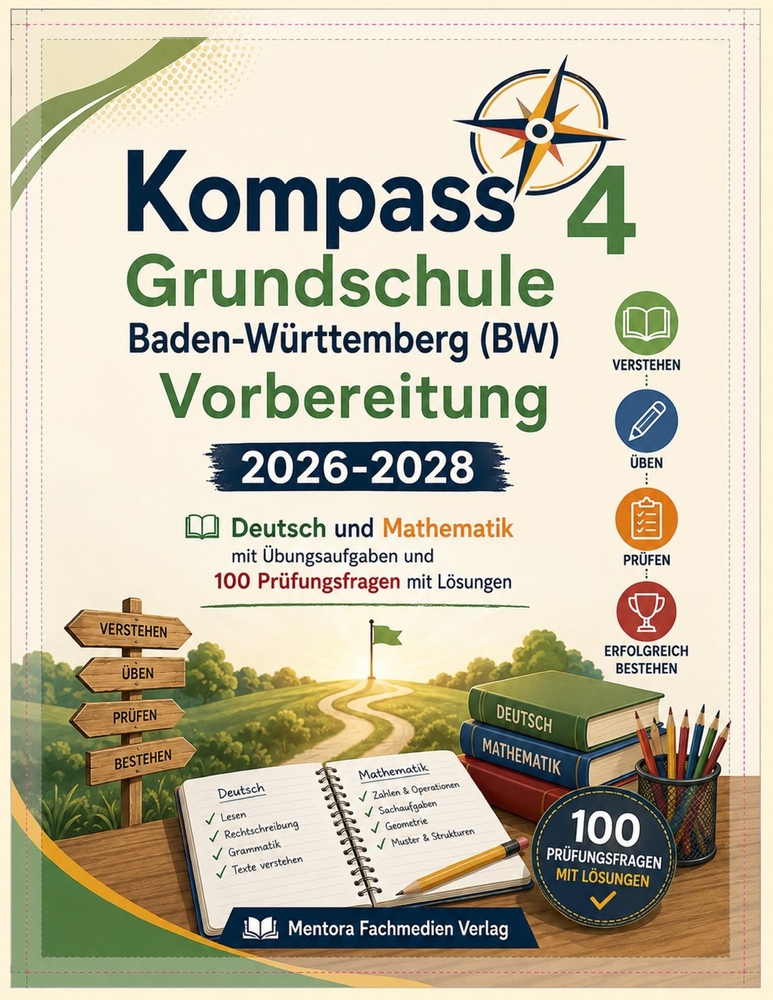 Kompass 4 Grundschule Baden-Württemberg (BW) Vorbereitung 2026-2028: Deutsch und Mathematik mit Übungsaufgaben und 100 Prüfungsfragen mit Lösungen cover