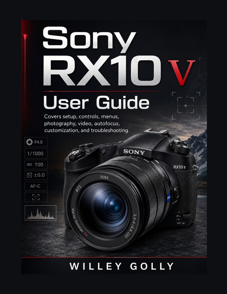 Sony RX10 V User Guide: Covers setup, controls, menus, photography, video, autofocus, customization, and troubleshooting. cover