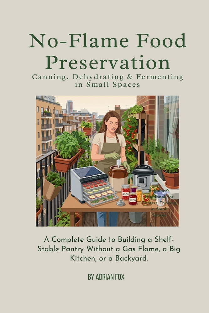 No-Flame Food Preservation: Canning, Dehydrating & Fermenting in Small Spaces: A Complete Guide to Building a Shelf-Stable Pantry Without a Gas Flame, cover