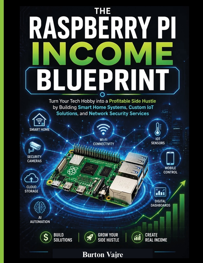 The Raspberry Pi Income Blueprint: Turn Your Tech Hobby into a Profitable Side Hustle by Building Smart Home Systems, Custom IoT Solutions, and Networ cover