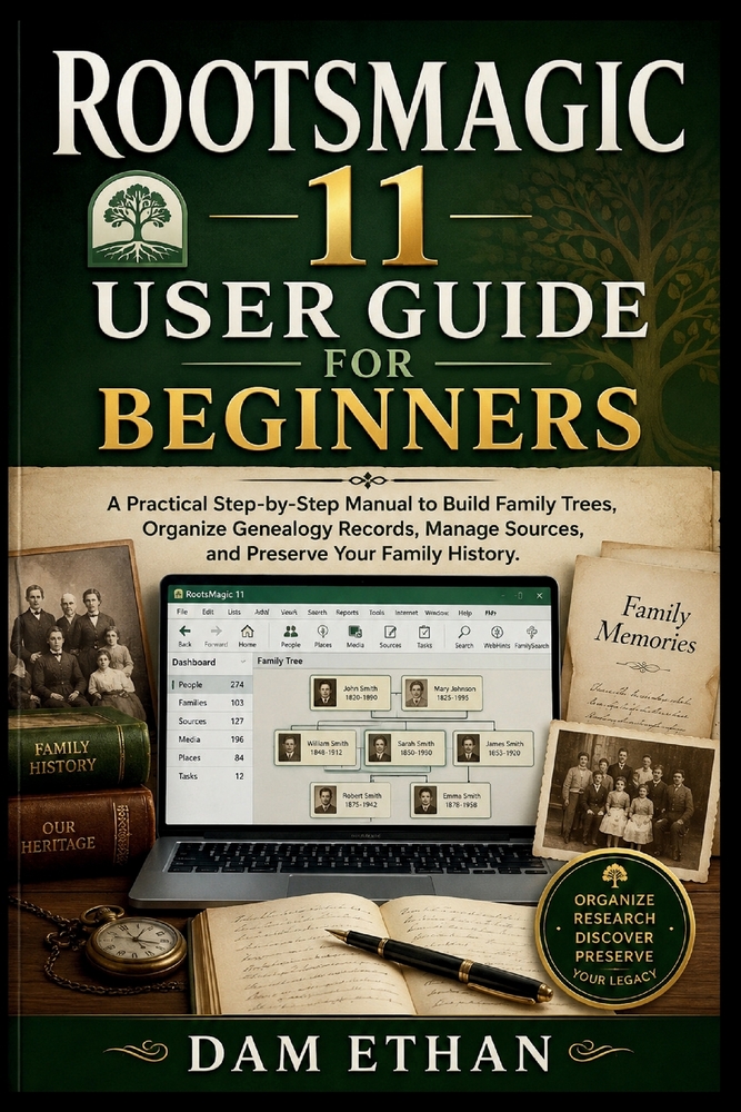 Rootsmagic 11 User Guide for Beginners: A Practical Step-by-Step Manual to Build Family Trees, Organize Genealogy Records, Manage Sources, and Preserv cover