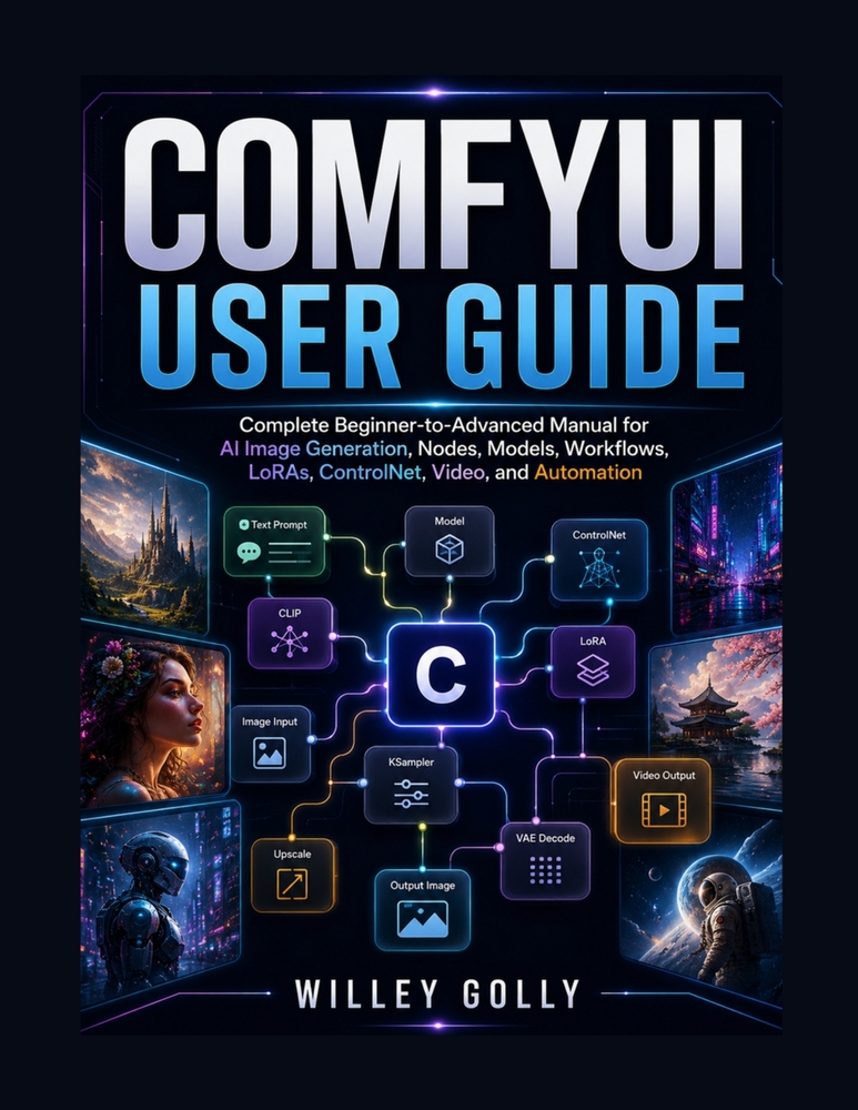 ComfyUI User Guide: Complete Beginner-to-Advanced Manual for AI Image Generation, Nodes, Models, Workflows, LoRAs, ControlNet, Video, and Automation cover