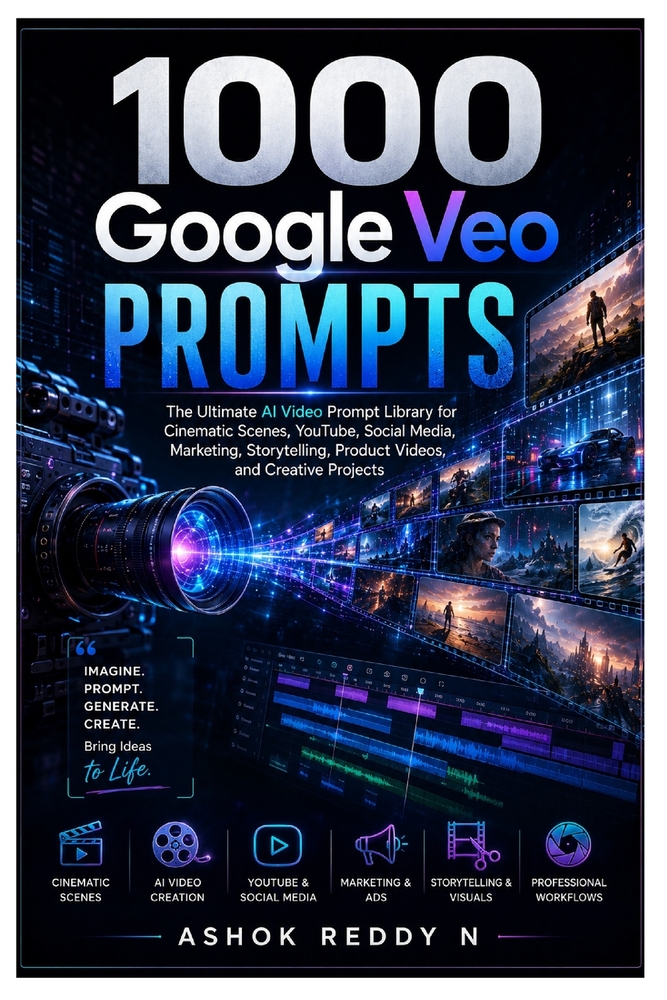 1000 Google Veo Prompts: The Ultimate AI Video Prompt Library for Cinematic Scenes, YouTube, Social Media, Marketing, Storytelling, Product Videos, an cover