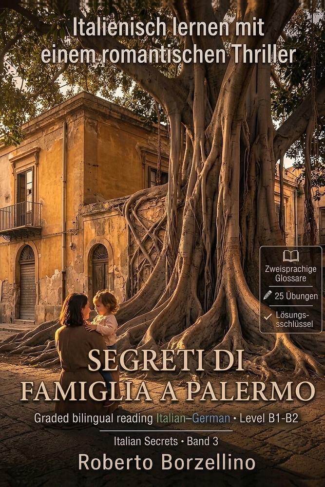 Italienisch lernen mit einem Romantic Thriller. Segreti di famiglia a Palermo. B1/B2: Ein echter Roman, zweisprachige Glossare, 25 Übungen mit Lösunge cover