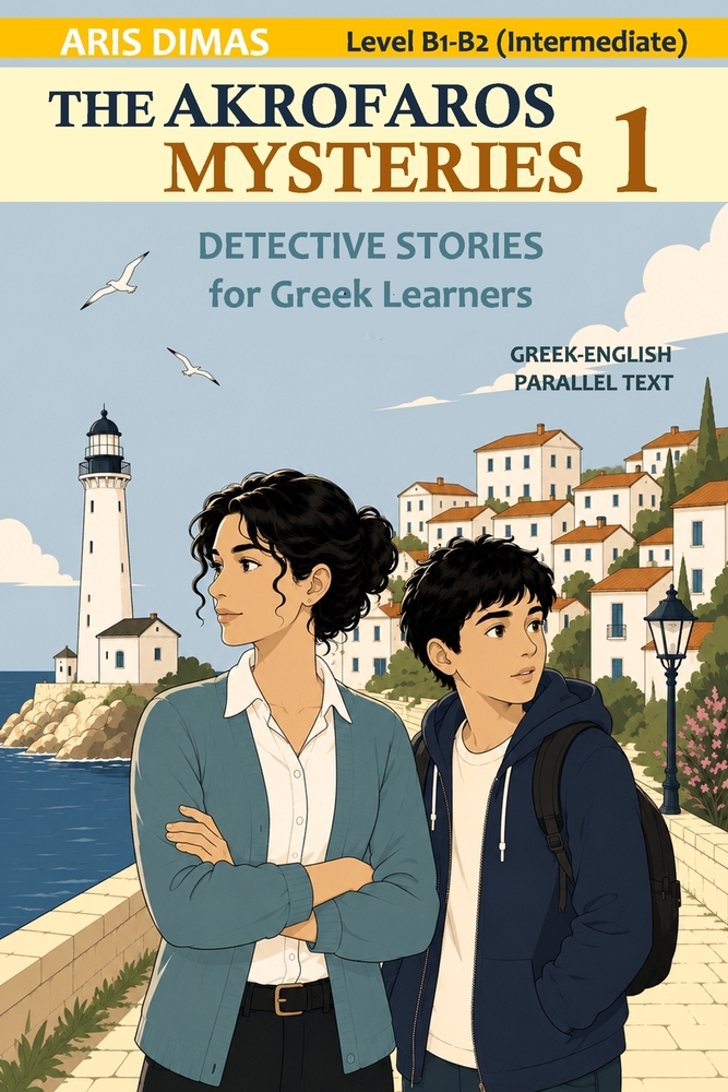 The Akrofaros Mysteries 1, Detective Stories for Greek Learners Level B1-B2 (Intermediate): Greek-English Parallel Text cover