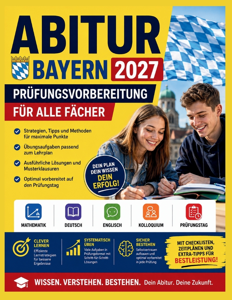 Abitur Bayern 2027 - Prüfungsvorbereitung für alle Fächer: Strategien, Übungsaufgaben und Lösungen für Mathematik, Deutsch, Englisch, Kolloquium und P cover