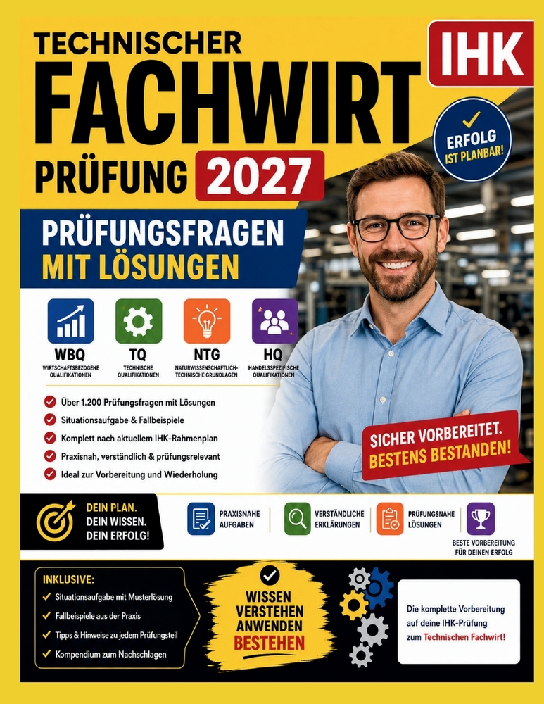 Technischer Fachwirt IHK Prüfung 2027: Prüfungsfragen mit Lösungen - WBQ, TQ, NTG, HQ Situationsaufgabe, Fallbeispiele cover