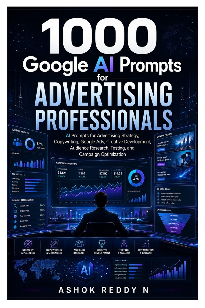 1000 Google AI Prompts for Advertising Professionals: AI Prompts for Advertising Strategy, Copywriting, Google Ads, Creative Development, Audience Res cover