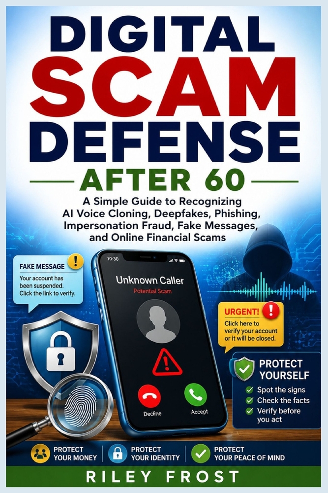 Digital Scam Defense After 60: A Simple Guide to Recognizing AI Voice Cloning, Deepfakes, Phishing, Impersonation Fraud, Fake Messages, and Online Fin cover