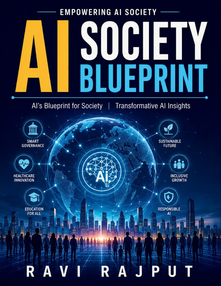 AI Society Blueprint: AI-powered innovations Global AI evolution AI and job market Social transformation via AI Ethical use of AI AI impact on life qu cover