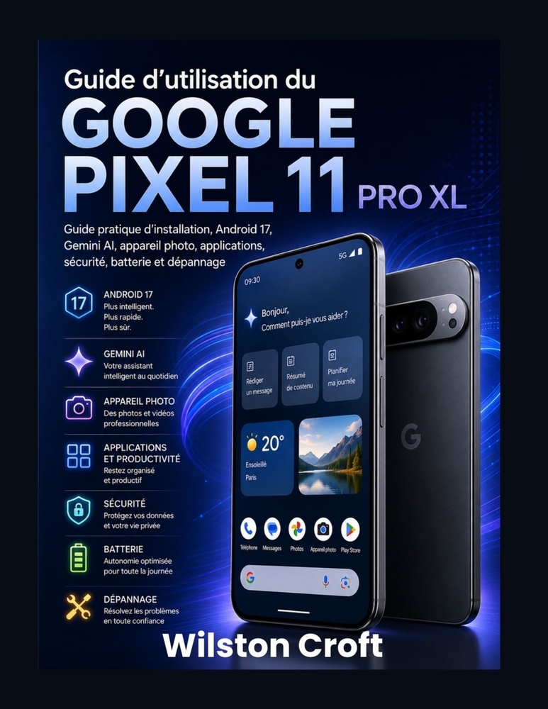 Guide d'utilisation du Google Pixel 11 Pro XL: Guide pratique d'installation, Android 17, Gemini AI, appareil photo, applications, sécurité, batterie cover