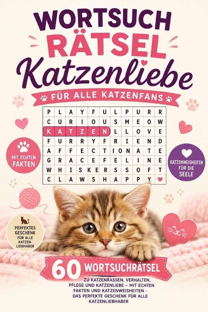 Wortsuchrätsel - Katzenliebe: Für alle Katzenfans: 60 Wortsuchrätsel zu Katzenrassen, Verhalten, Pflege und Katzenliebe - mit echten Fakten und Katzen cover