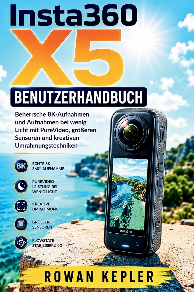 Insta360 X5 Benutzerhandbuch: Beherrsche 8K-Aufnahmen und Aufnahmen bei wenig Licht mit PureVideo, größeren Sensoren und kreativen Umrahmungstechniken cover