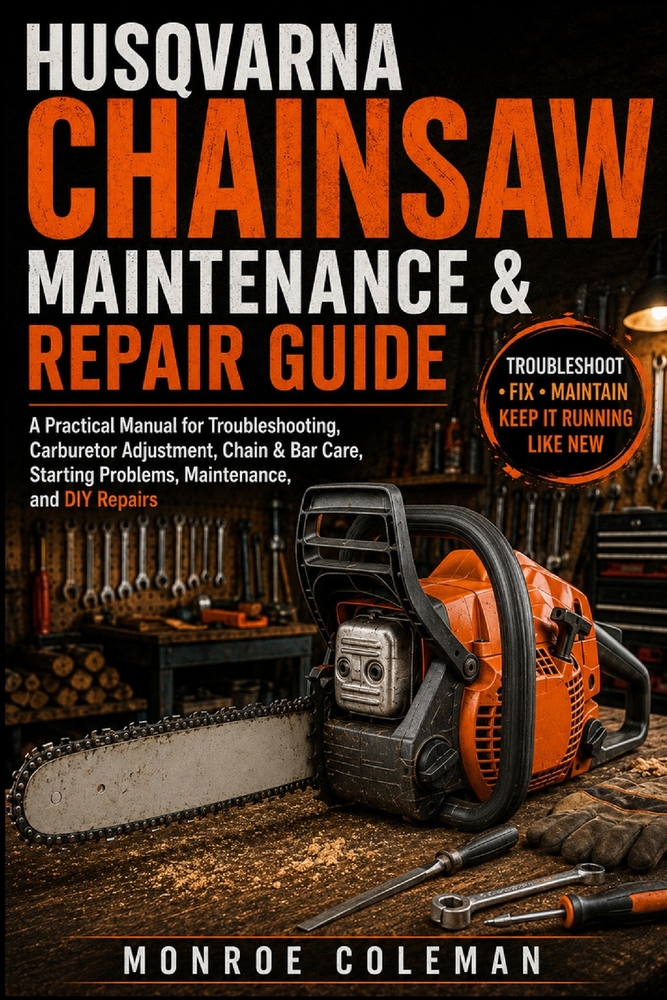 Husqvarna Chainsaw Maintenance & Repair Guide: A Practical Manual for Troubleshooting, Carburetor Adjustment, Chain & Bar Care, Starting Problems, Mai cover