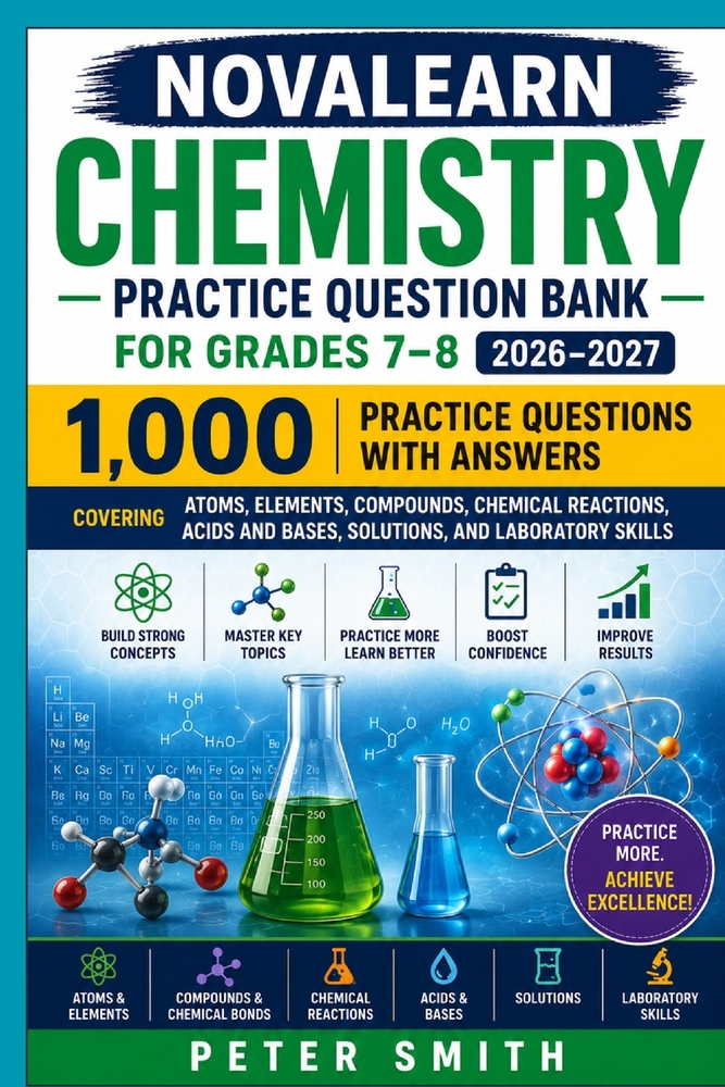 NovaLearn Chemistry Practice Question Bank for Grades 7-8 2026-2027: 1,000 Practice Questions Covering Atoms, Elements, Compounds, Chemical Reactions, cover