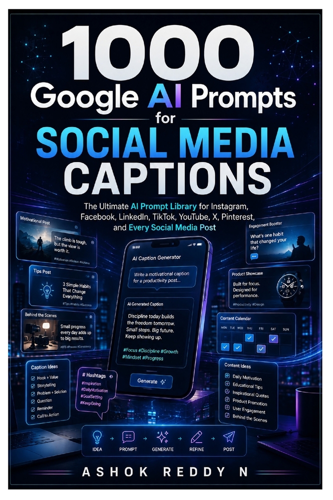 1000 Google AI Prompts for Social Media Captions: The Ultimate AI Prompt Library for Instagram, Facebook, LinkedIn, TikTok, YouTube, X, Pinterest, and cover