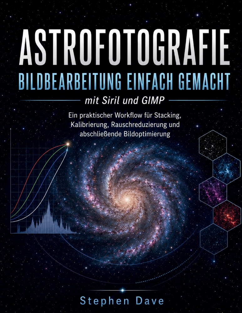 ASTROFOTOGRAFIE BILDBEARBEITUNG EINFACH GEMACHT mit Siril und GIMP: Ein praktischer Workflow für Stacking, Kalibrierung, Rauschreduzierung und abschli cover