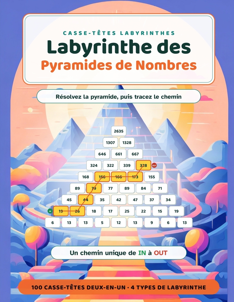 Labyrinthe des Pyramides de Nombres: Résolvez la pyramide, puis tracez le chemin - 100 casse-têtes de nombres deux-en-un - Avec toutes les solutions cover