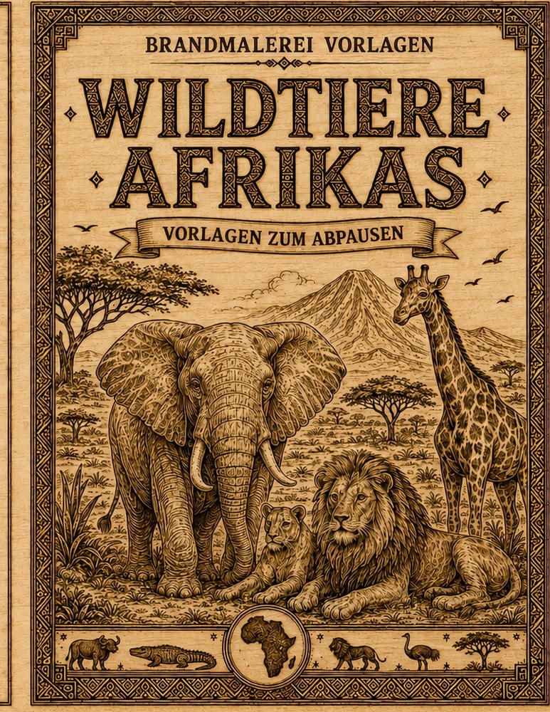 Brandmalerei Vorlagen Wildtiere Afrikas: Detailreiche Tiermotive zum Abpausen, Übertragen und Brandmalen auf Holz Pyrographie Vorlagen mit Elefanten, cover