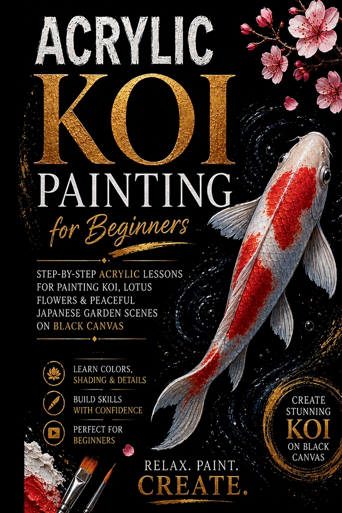 Acrylic Koi Painting for Beginners: Step-by-Step Acrylic Lessons for Painting Koi, Lotus Flowers & Peaceful Japanese Garden Scenes on Black Canvas cover