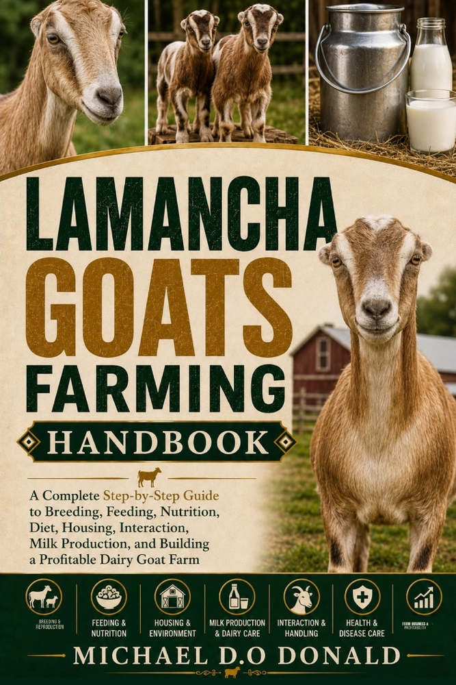 Lamancha Goats Farming Handbook: A Complete Step-by-Step Guide to Breeding, Feeding, Nutrition, Diet, Housing, Interaction, Milk Production, and Build cover