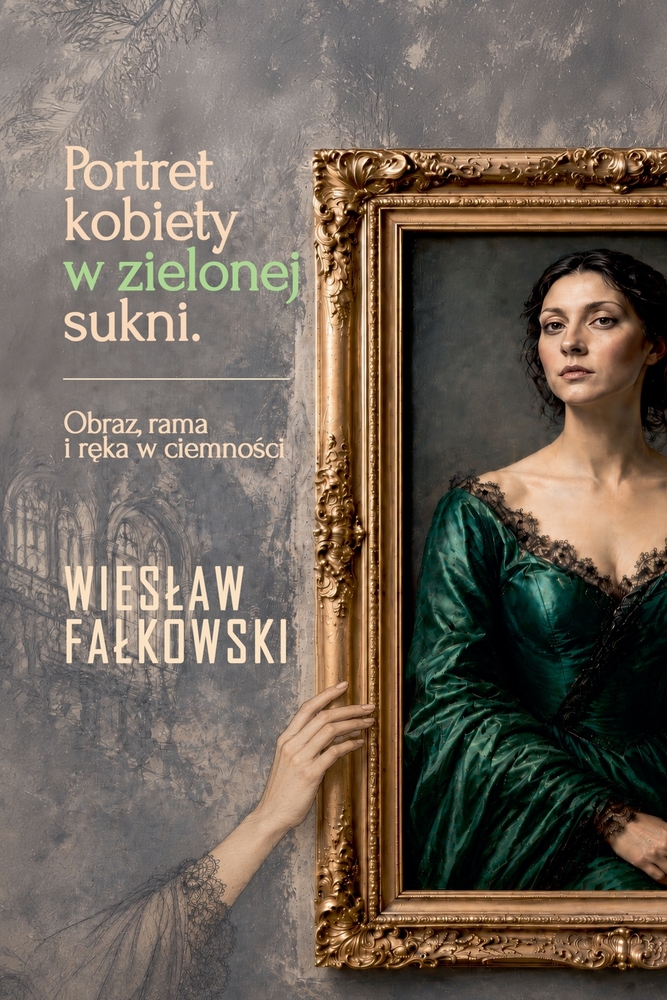 Portret kobiety w zielonej sukni. Obraz, rama i ręka w ciemności cover