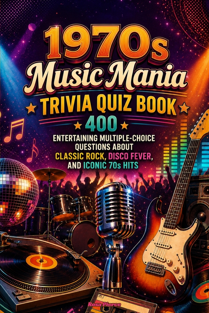 1970s Music Mania Trivia Quiz Book: 400+ Entertaining Multiple-Choice Questions About Classic Rock, Disco Fever, and Iconic 70s Hits cover