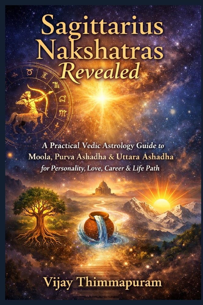 Sagittarius Nakshatras Revealed: A Practical Vedic Astrology Guide to Moola, Purva Ashadha & Uttara Ashadha for Personality, Love, Career & Life Path cover
